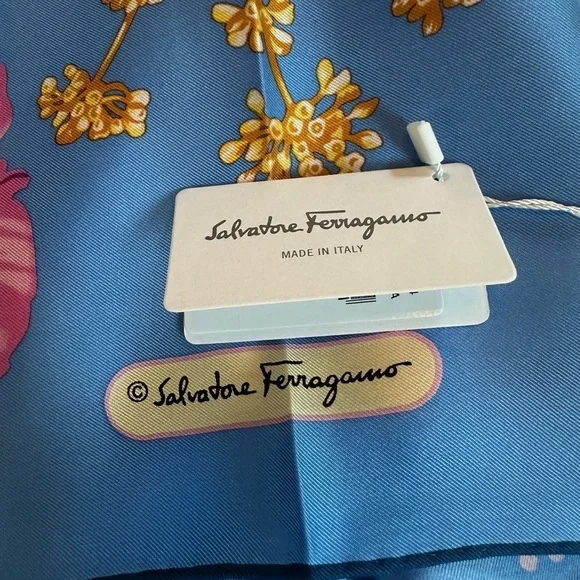 Salvatore Ferragamo Blue and Pink Floral Silk Scarf - Picture 13 of 15